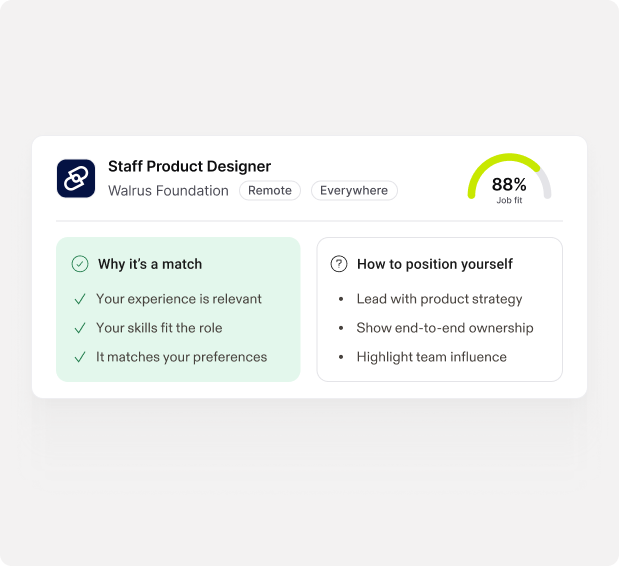 A job card with an 88% job fit score, why it is a match and how to position yourself